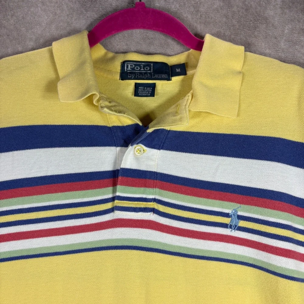 Polo Ralph Lauren Polo Shirt Men Medium Yellow Striped Short Sleeve Pique Cotton